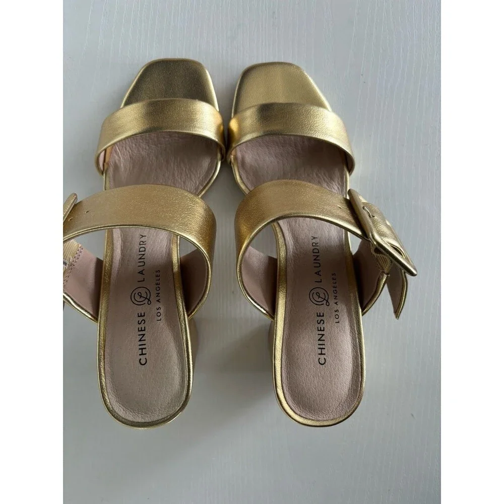 Chinese Laundry Yippy Slide Sandle Gold Block Heel Size 6